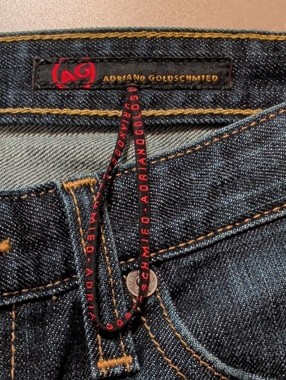 Ag Adriano Goldschmied Dark Blue Straight Leg Jeans with Black & Red Trim
